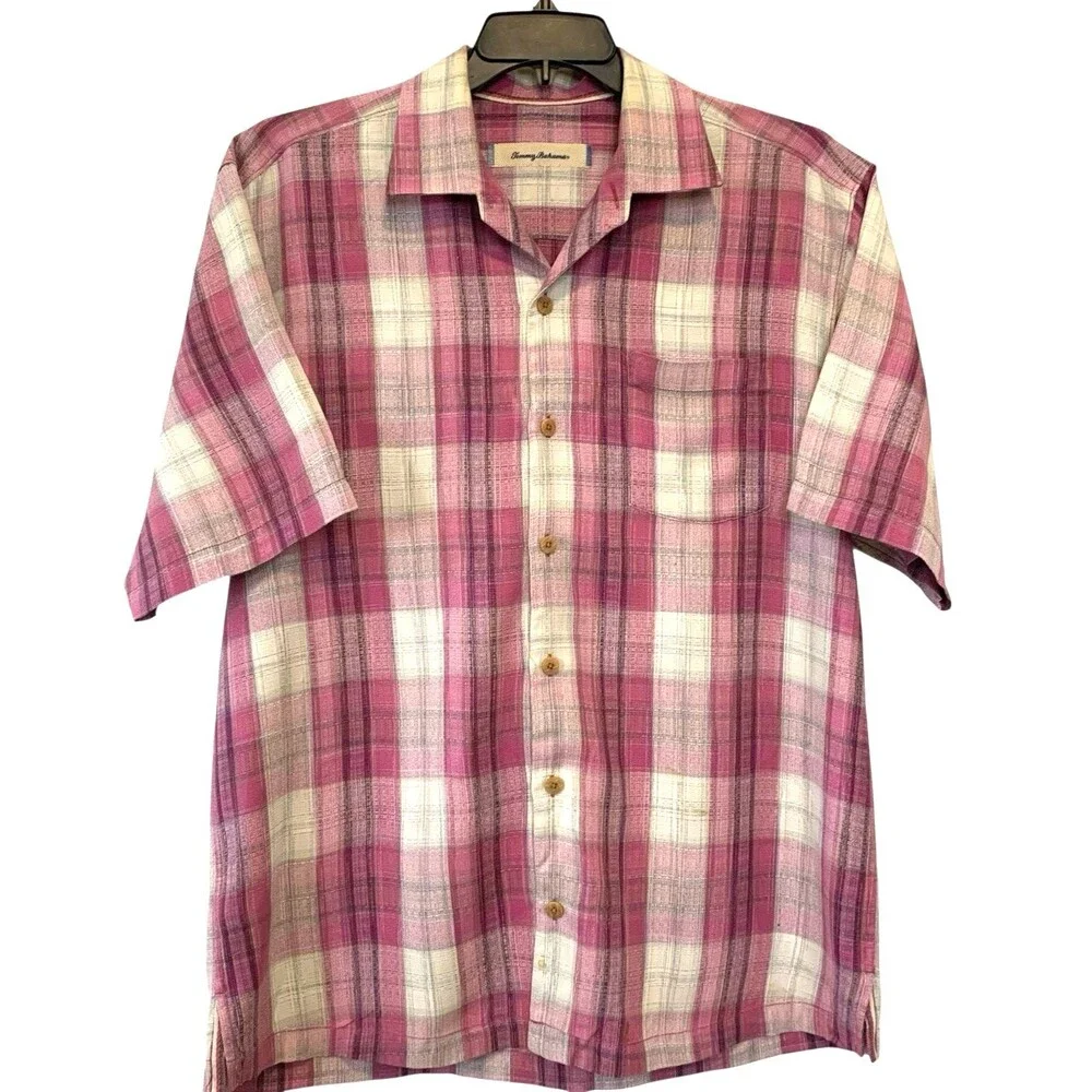 Tommy Bahama 100% Silk Mens Plaid Button-Front Shirt Pink/Cream w/Brown Buttons